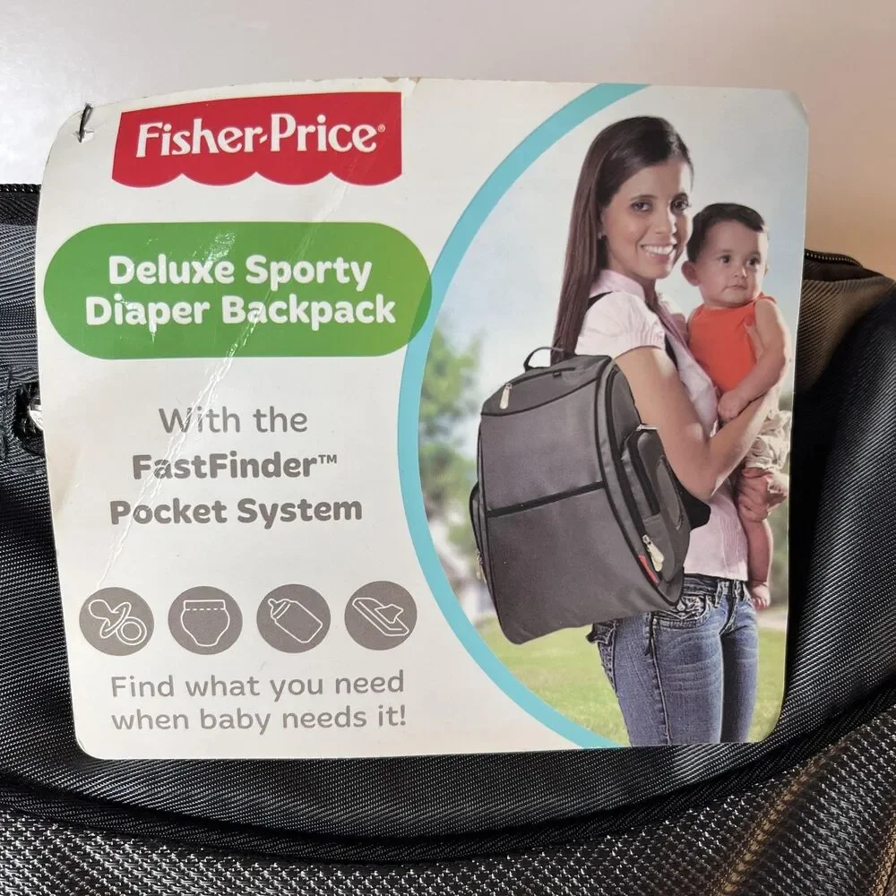 Fisher Price Deluxe Baby Sporty Dark Gray Diaper Bag Backpack Fast Finder New
